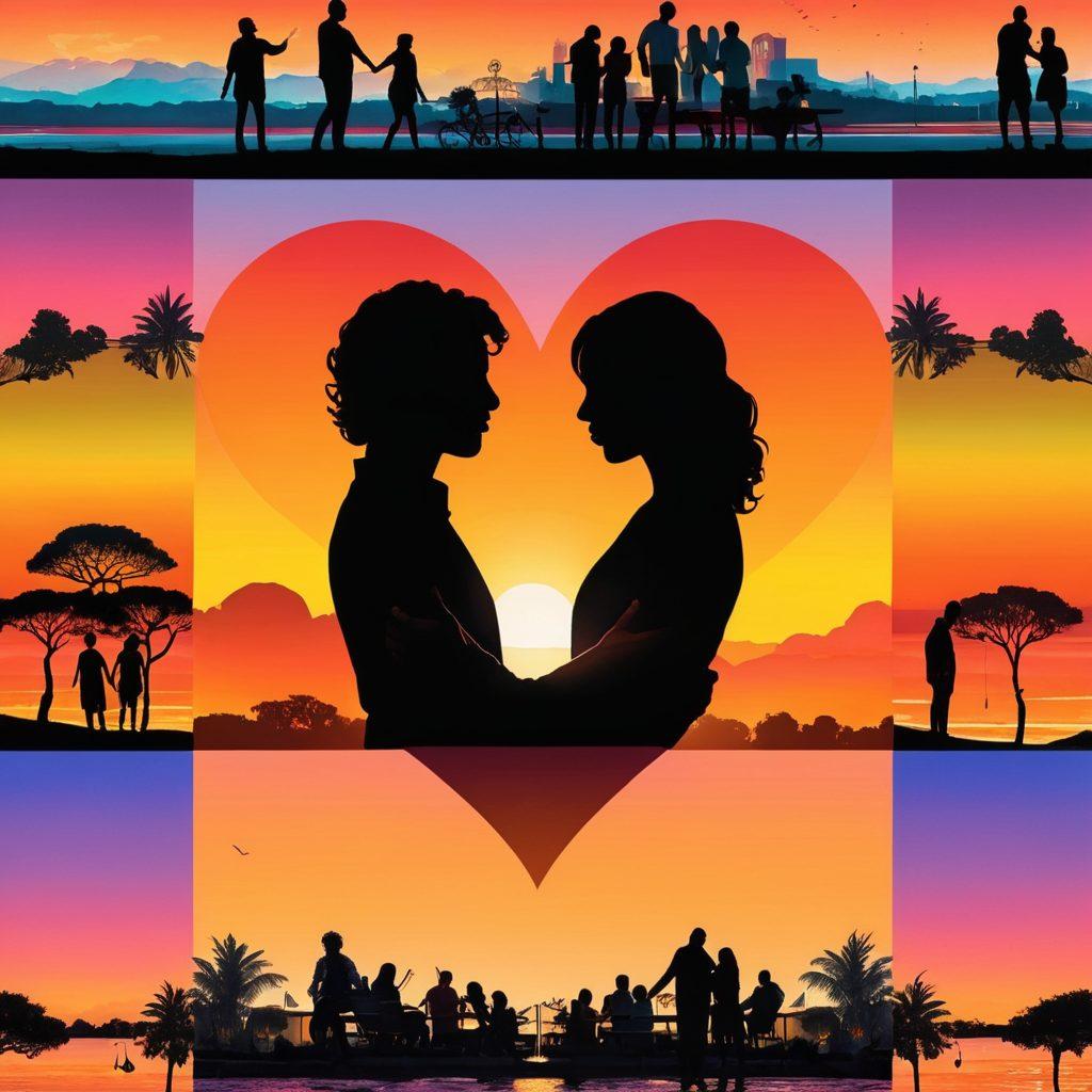 A vibrant collage depicting the diverse spectrum of LGBTQI love stories, featuring intertwined silhouettes of couples from various backgrounds. In the background, symbols of connection such as rainbow hearts and intertwined hands, blending into a warm sunset. The atmosphere is filled with love and acceptance, showcasing emotional connections in various settings like parks, cafes, and cityscapes. Bright colors and soft gradients enhance the warmth of the scene. super-realistic. vibrant colors. seamless blend.