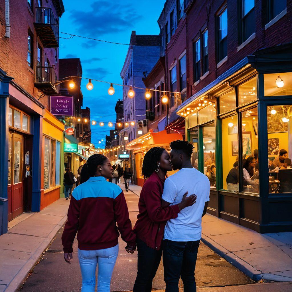 A vibrant city street at dusk, filled with diverse couples expressing love and affection, showcasing different queer identities. Colorful murals in the background depict various love stories, while warm streetlights create a cozy atmosphere. Include elements like hand-holding, laughter, and playful interactions, all wrapped in a celebratory ambiance of unity and acceptance. super-realistic. vibrant colors. urban setting.