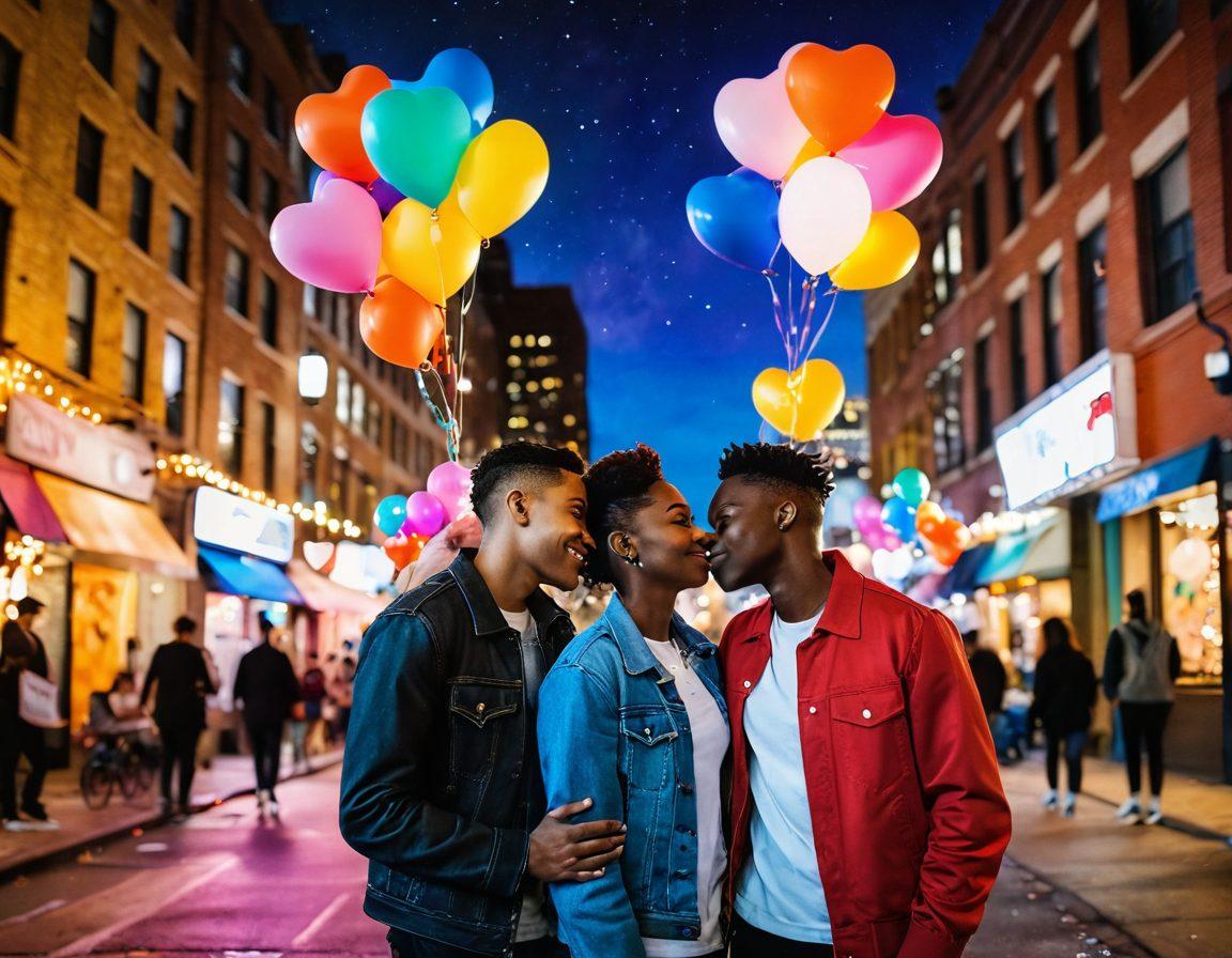 A vibrant urban scene showcasing a diverse group of LGBTQ individuals celebrating affection and romance, surrounded by iconic city buildings and colorful street art. The characters engage in playful interactions, enjoying each other's company under twinkling city lights. Include elements of love and connection, like heart-shaped balloons and warm smiles. Capture a sense of community and joy in the atmosphere. bright colors. super-realistic.